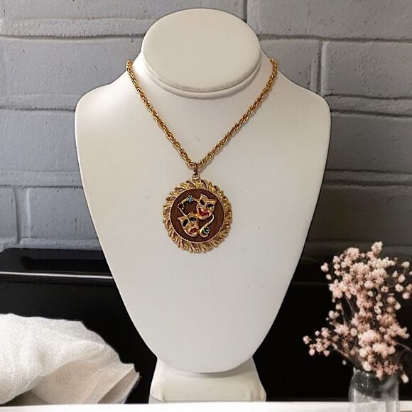 Vintage Comedy Tragedy Mask Necklace MCM Gold Tone Rhinestones Mardi Gras 70s - Picture 14 of 15